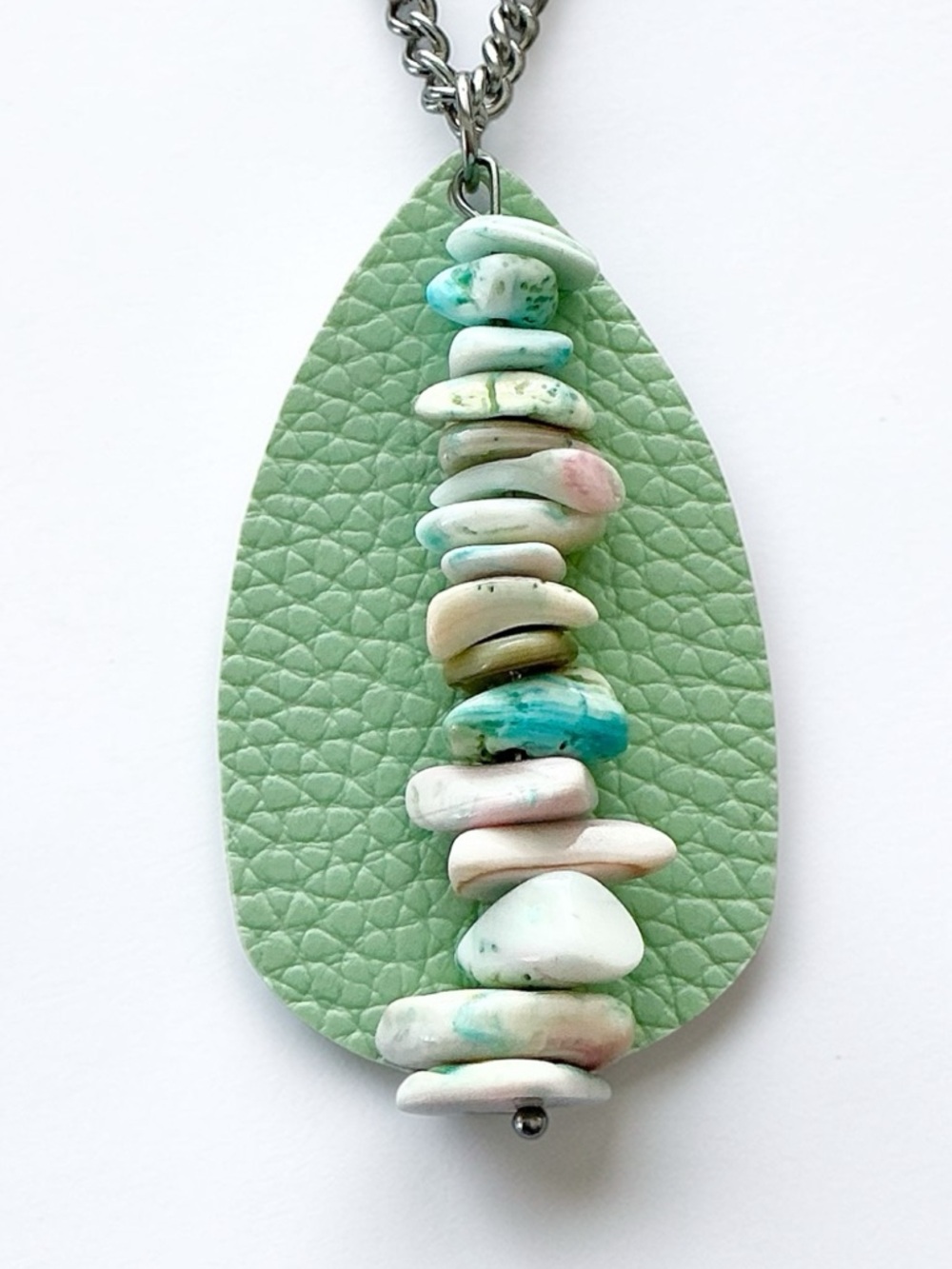 🆕 Gemstones and Faux Leather Pendant Necklace-Stainless Steel